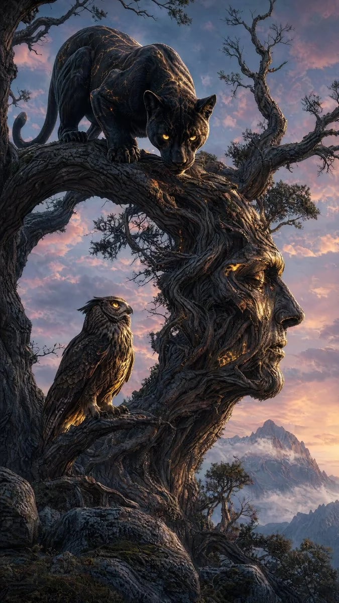 Black Panther and Owl on a Human-Head-Shaped Ancient Tree