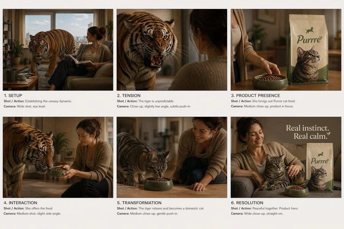 Cinematic Cat Food Commercial Storyboard with Tiger Transformation