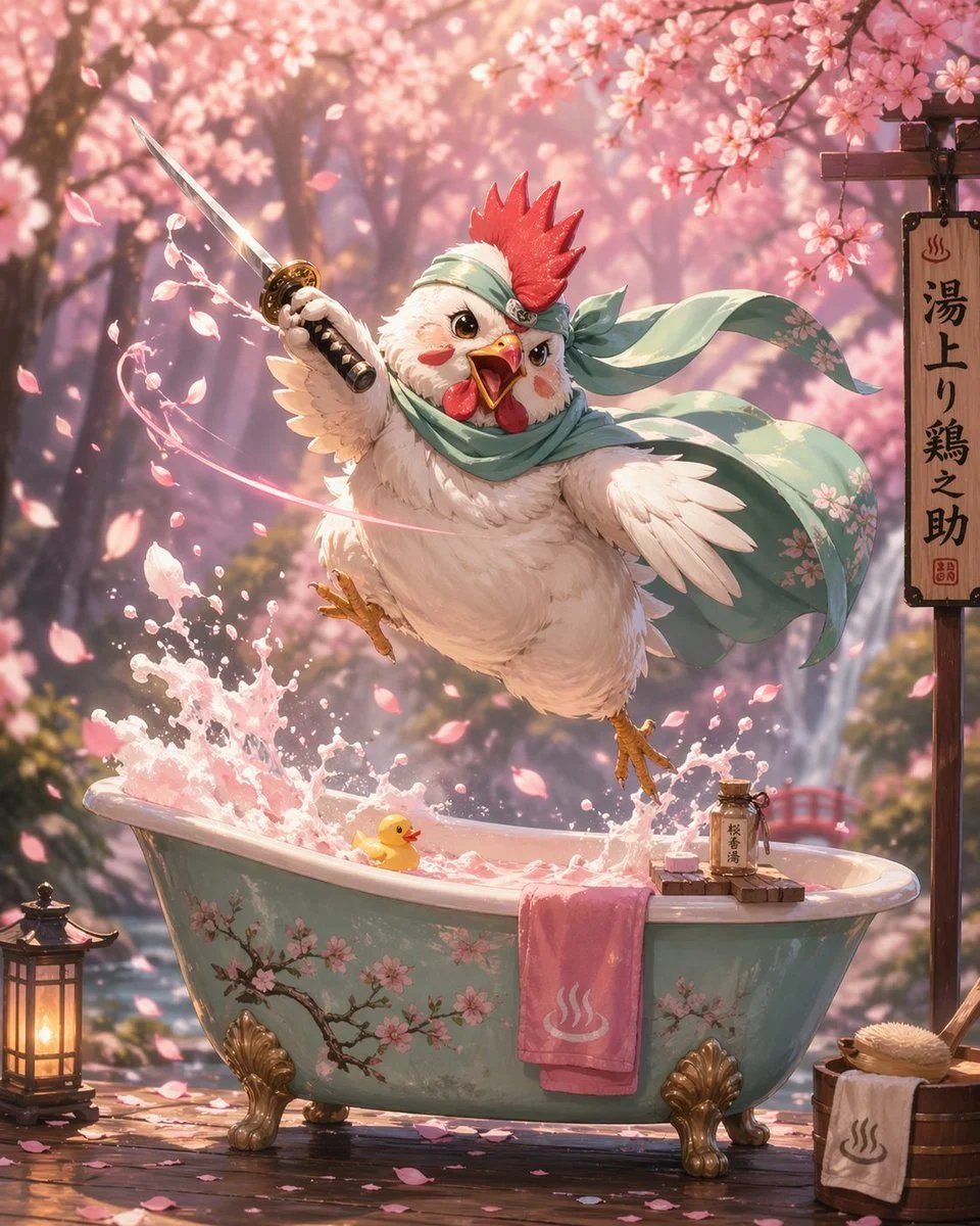 Classic Bathtime Portrait of a Chicken in a Miniature Clawfoot Tub