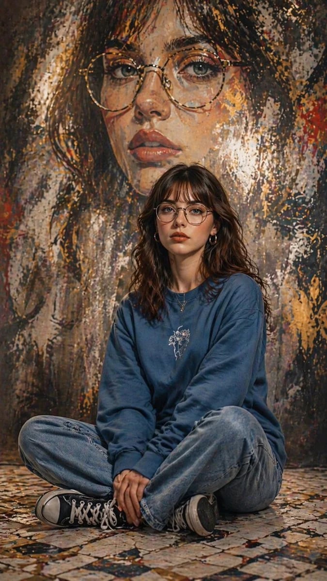 Ultra-realistic artistic portrait with monumental abstract face mural