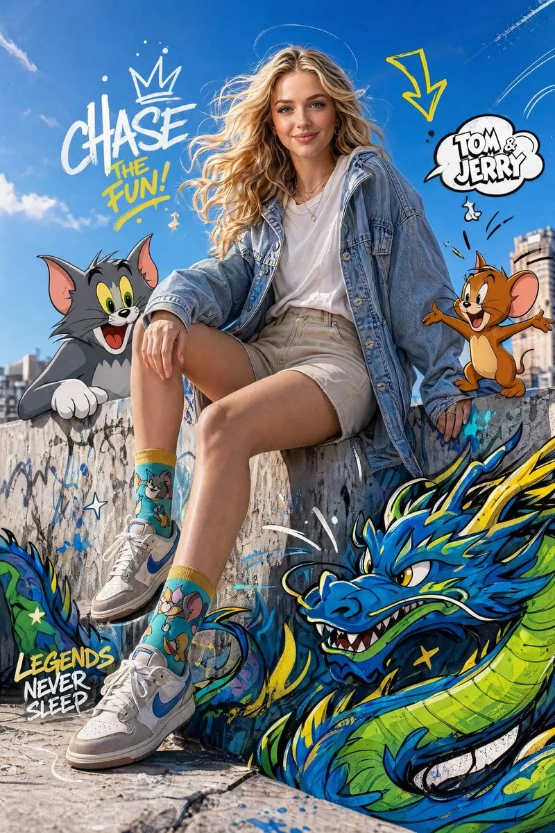 Fashion editorial with Tom and Jerry cartoon elements