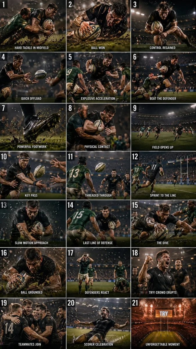 Cinematic rugby tackle-to-try storyboard