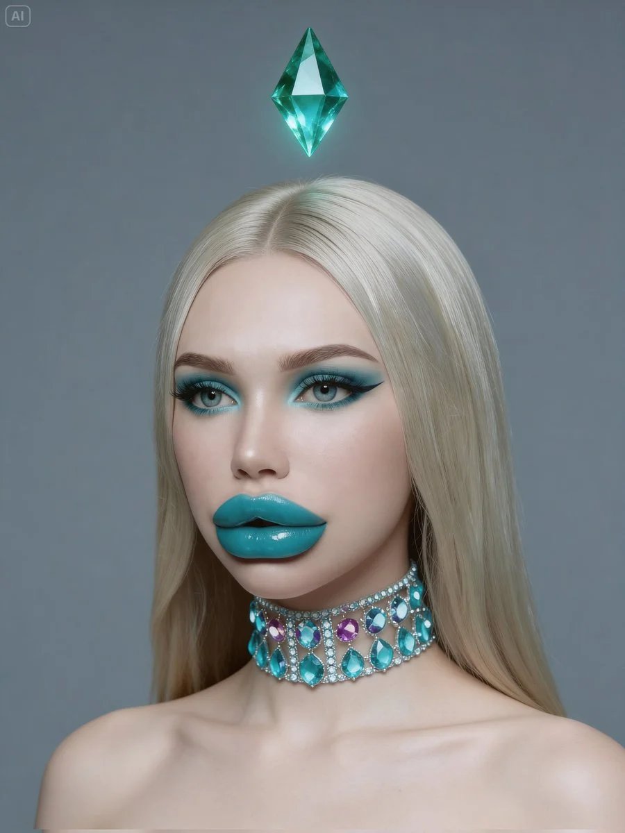 Photorealistic Sad Woman Portrait with Glowing Plumbob