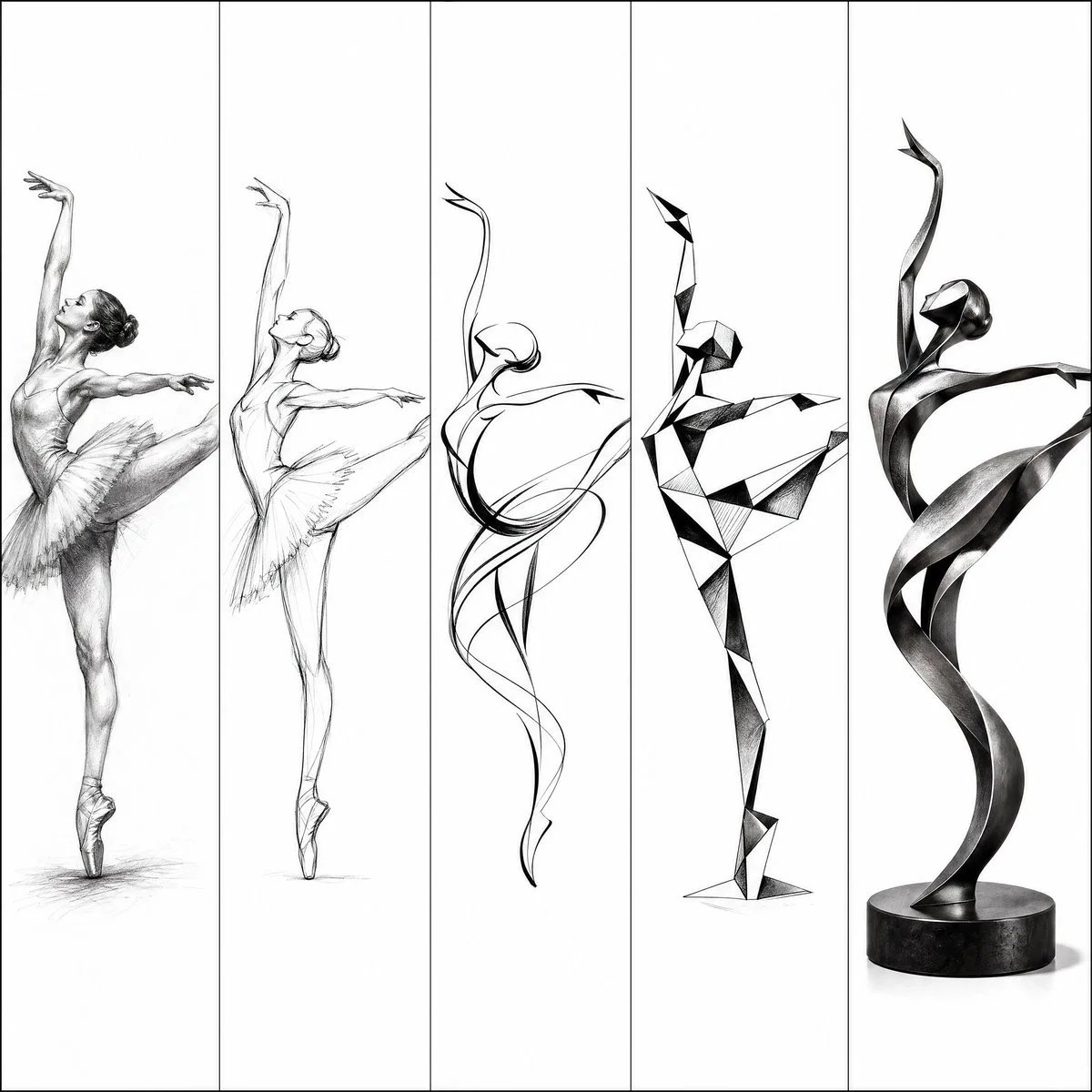 Artistic progression of a ballerina from sketch to abstract sculpture