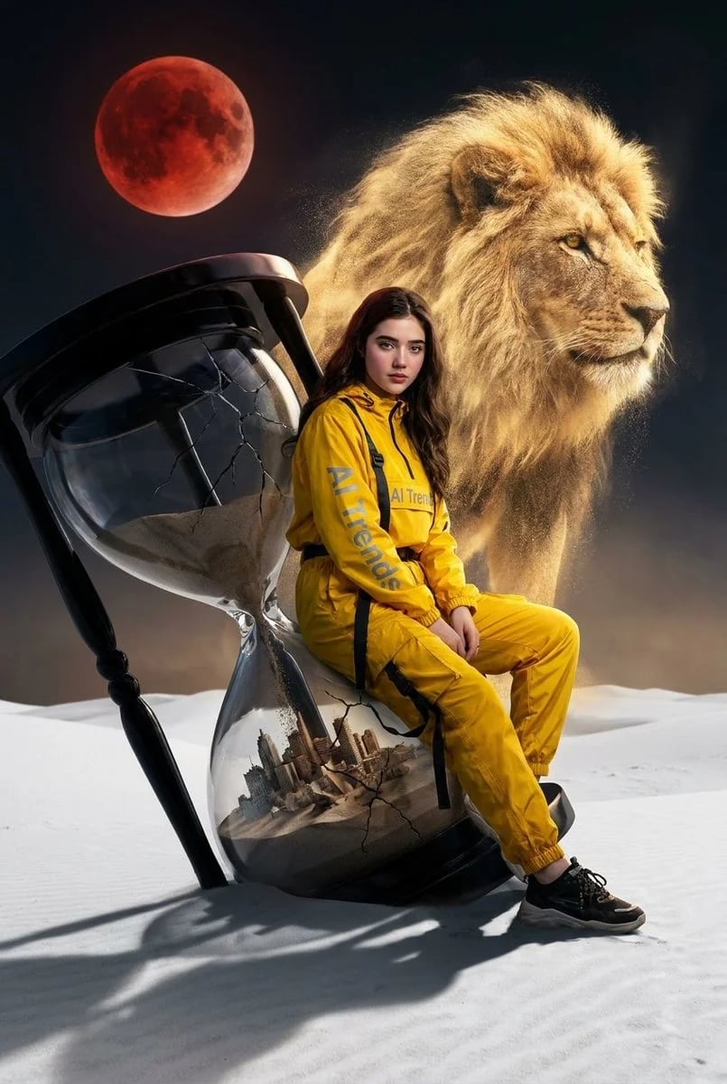 Surreal desert hourglass portrait with golden sand lion
