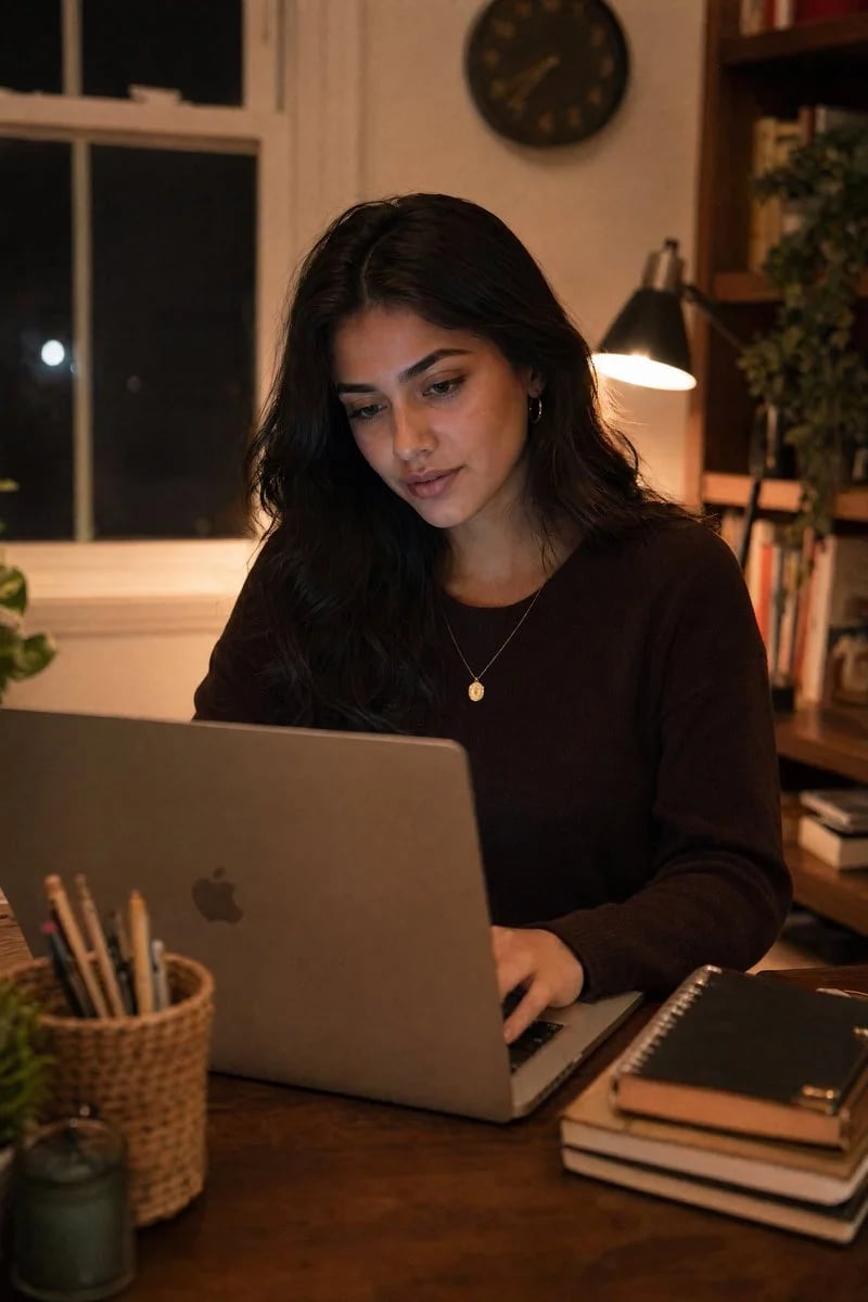 Ultra-realistic woman working on laptop at wooden desk
