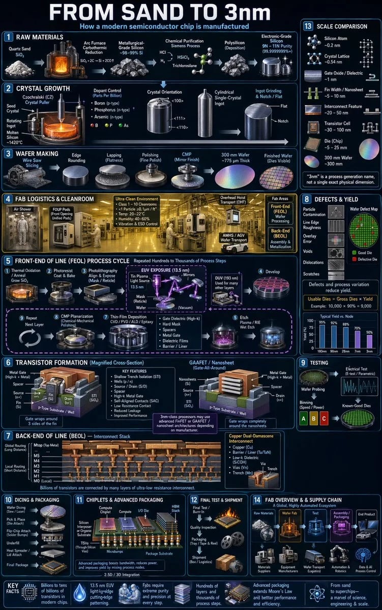 Detailed infographic about modern semiconductor chip manufacturing