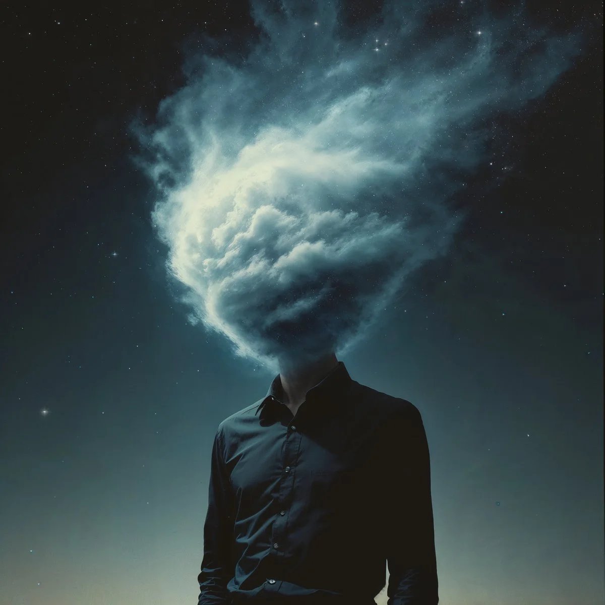 Surreal faceless cosmic figure in vintage sci-fi poster style