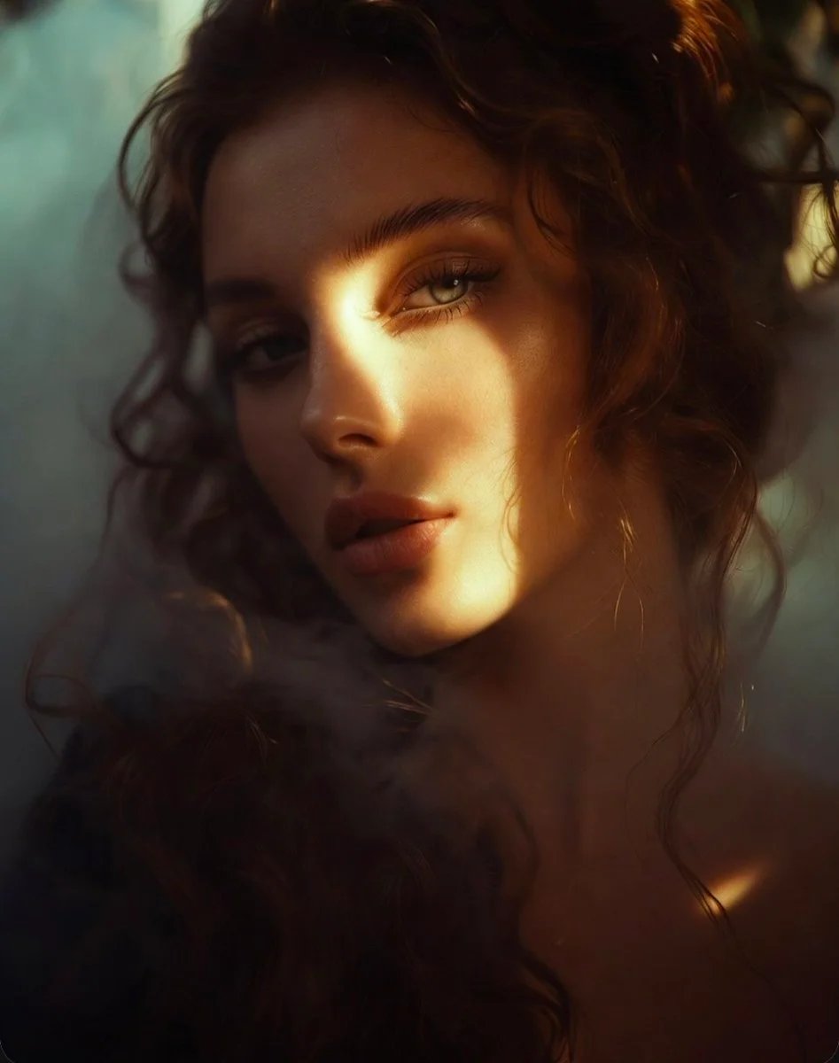 Cinematic portrait with golden sunlight and deep shadows