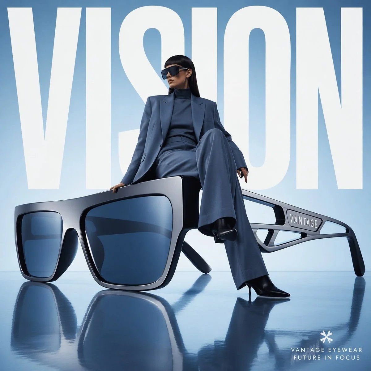 Avant-garde luxury eyewear advertisement