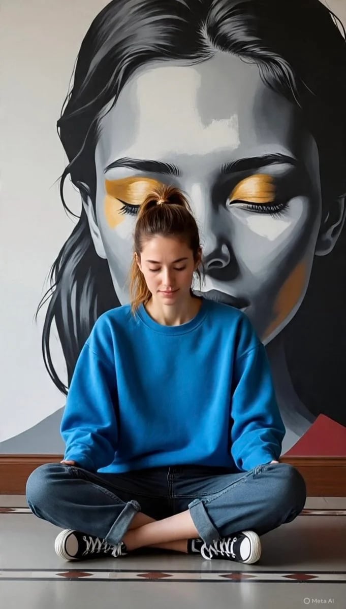 Meditative woman in front of grayscale mural with gold accents