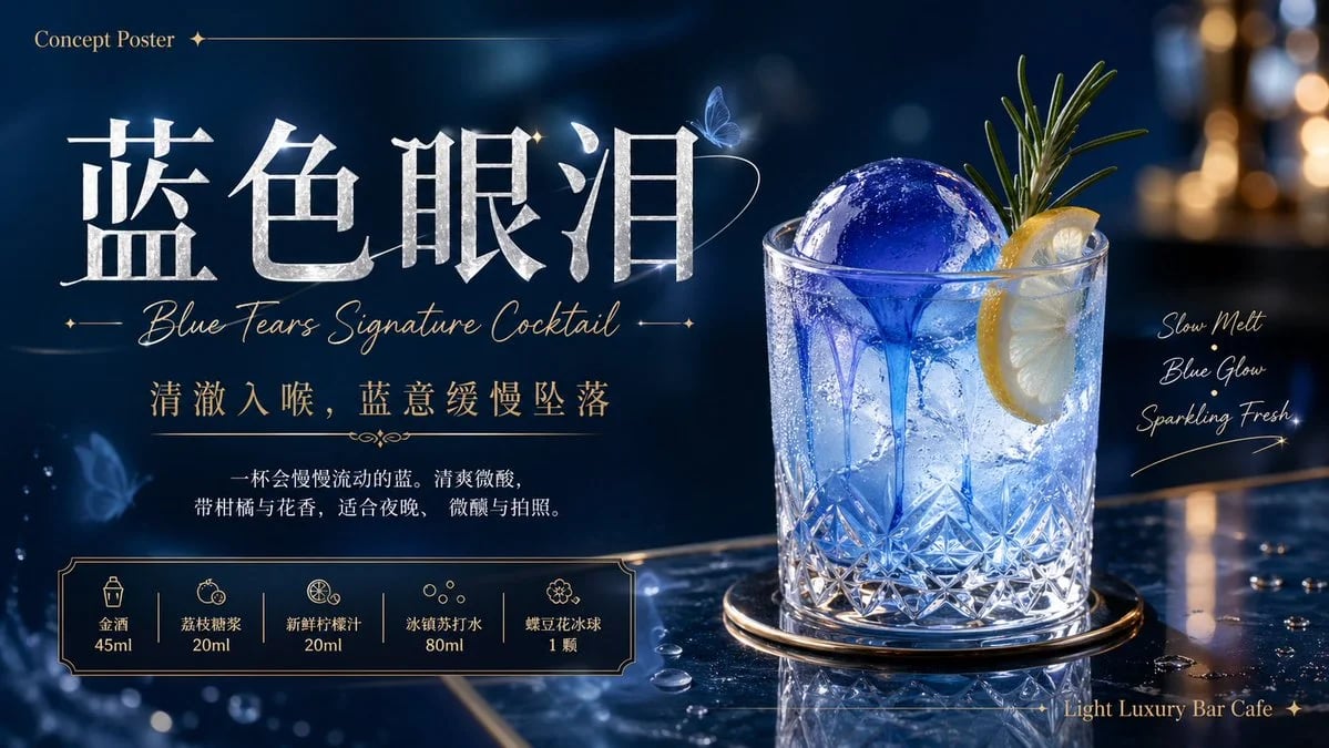 蓝色眼泪鸡尾酒调酒教程与概念宣传图