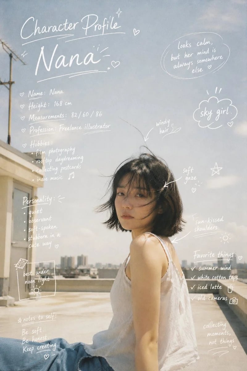 Character profile journal with handwritten annotations