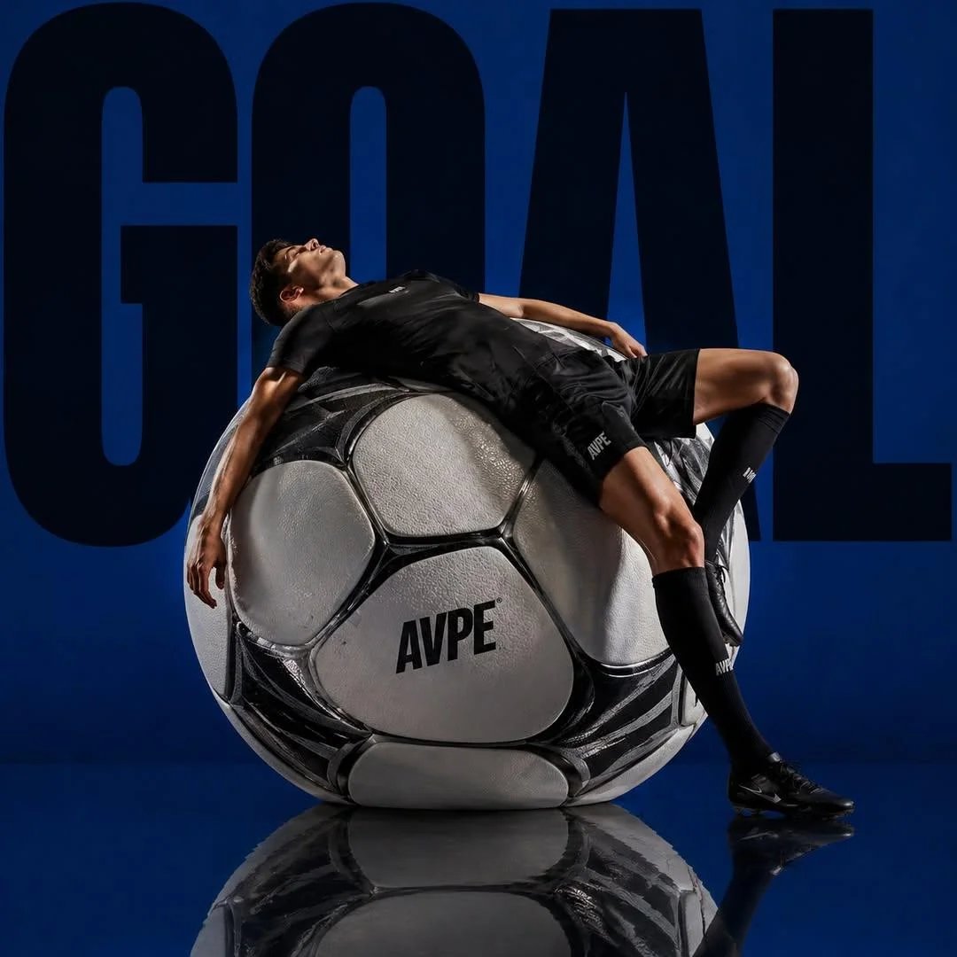 Dramatic footballer sports editorial on oversized soccer ball
