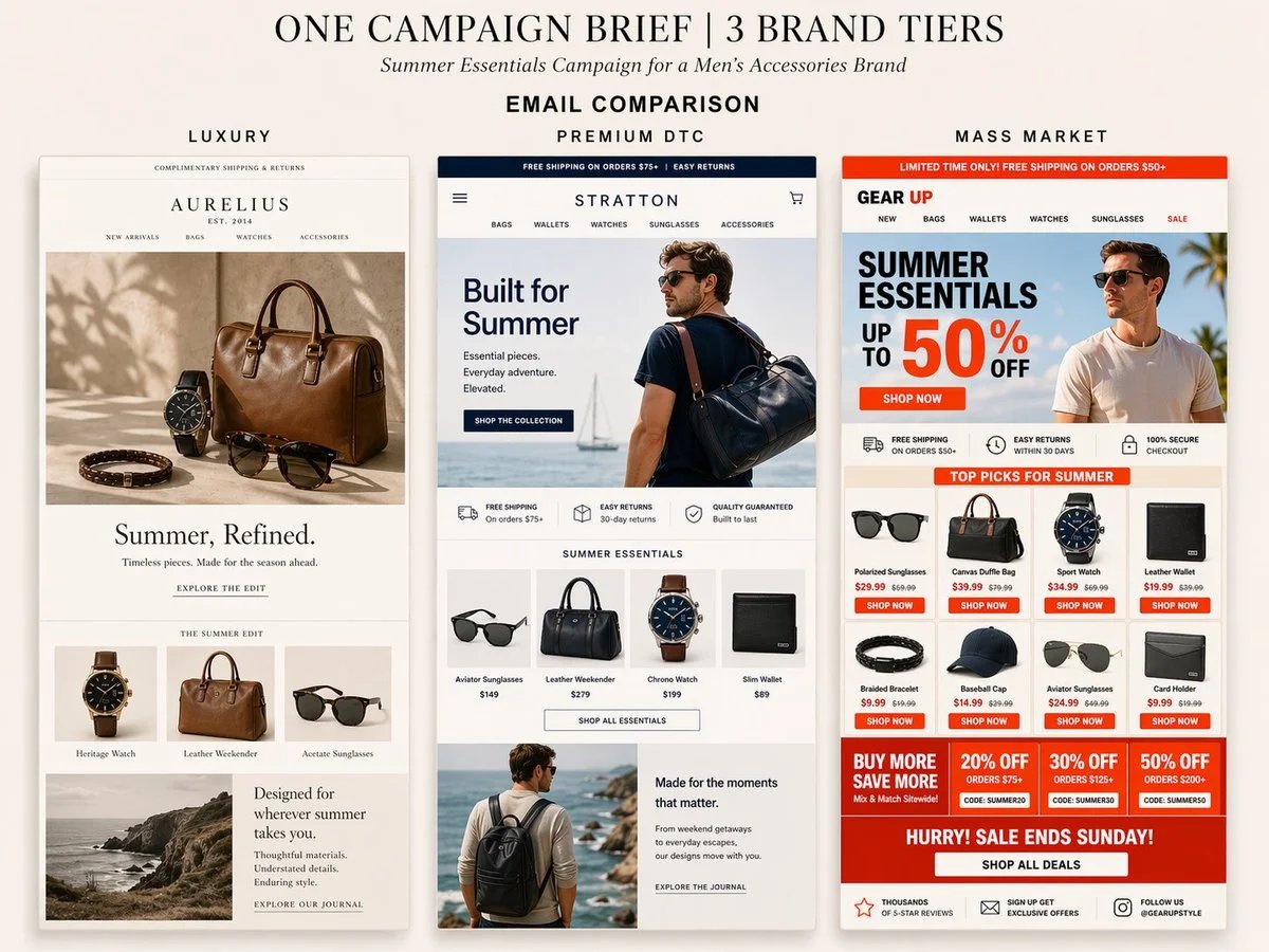 Three ecommerce email mockups comparing luxury, premium DTC, and mass market bra