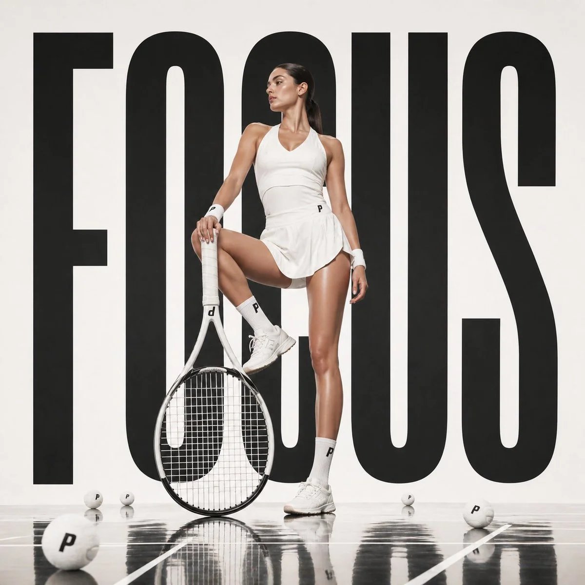 Avant-garde sports fashion advertisement with monumental tennis racket