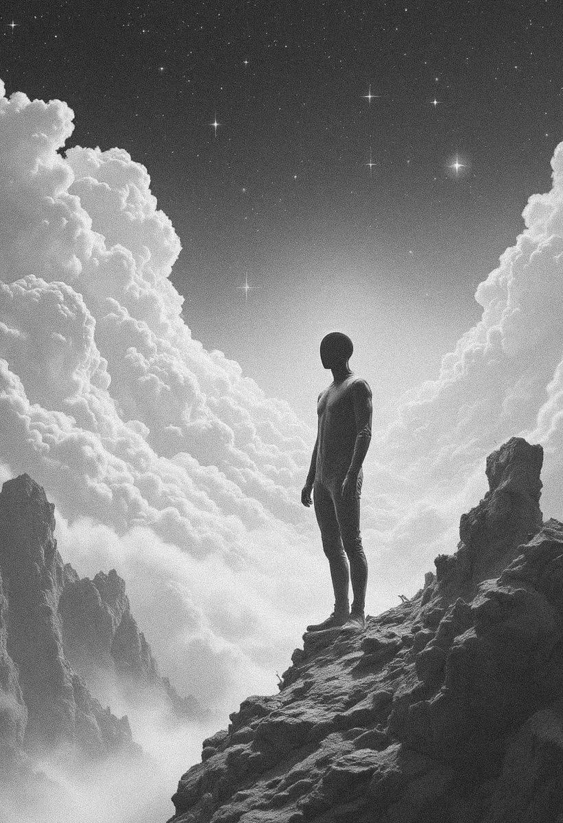 Retro 1970s sci-fi space poster aesthetic with faceless figure