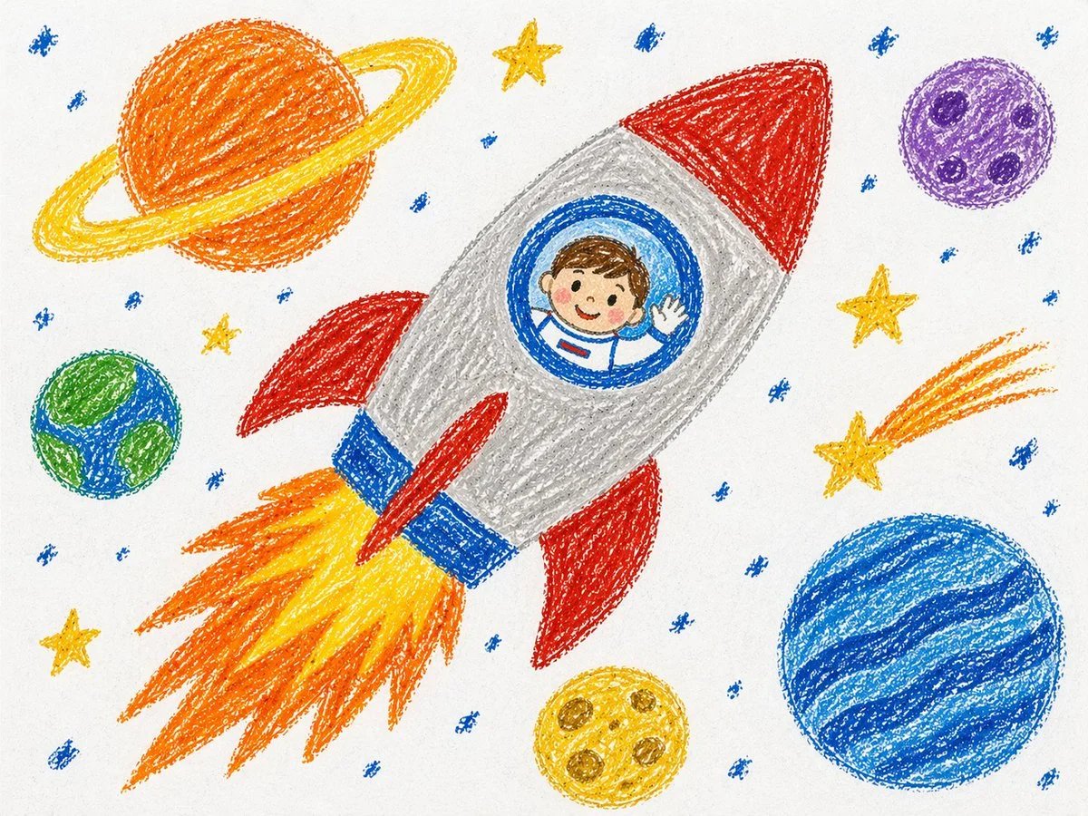Crayon-style illustration with soft wax texture