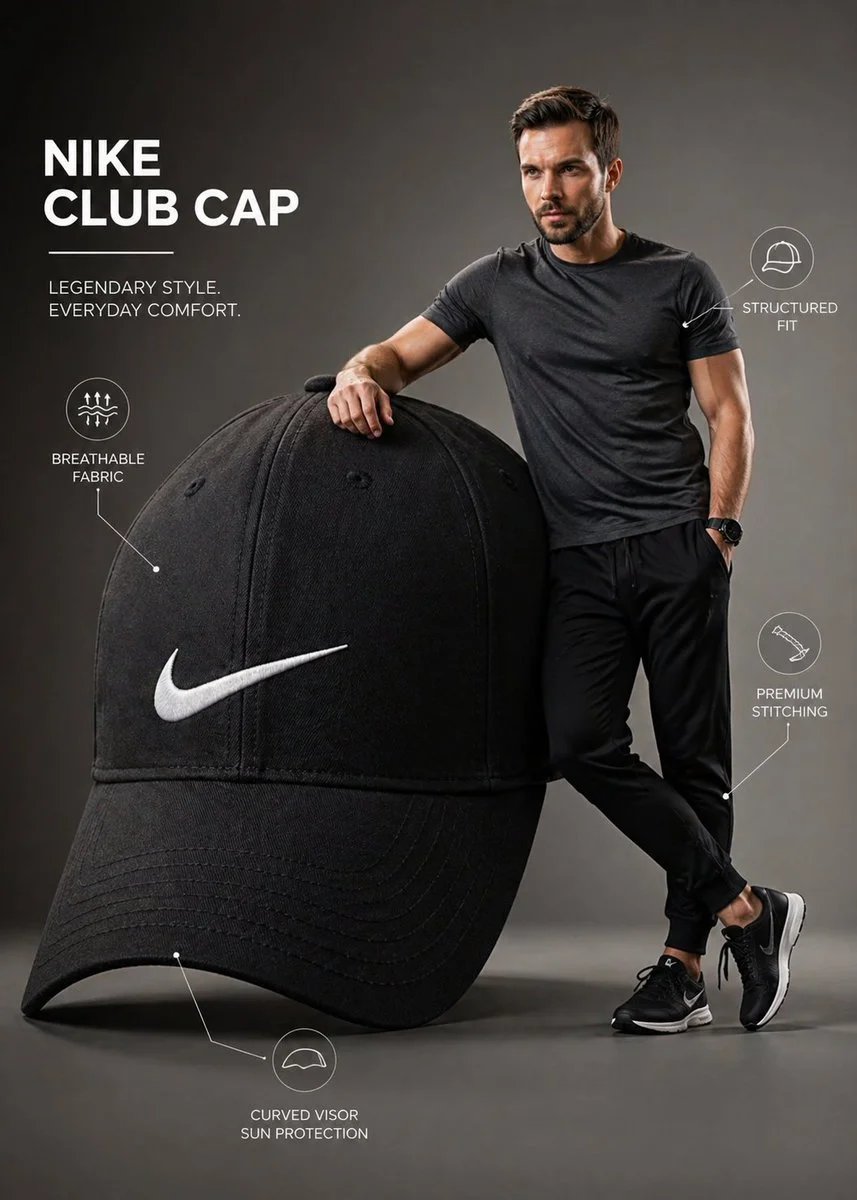 Premium Nike Cap Product Infographic with Model