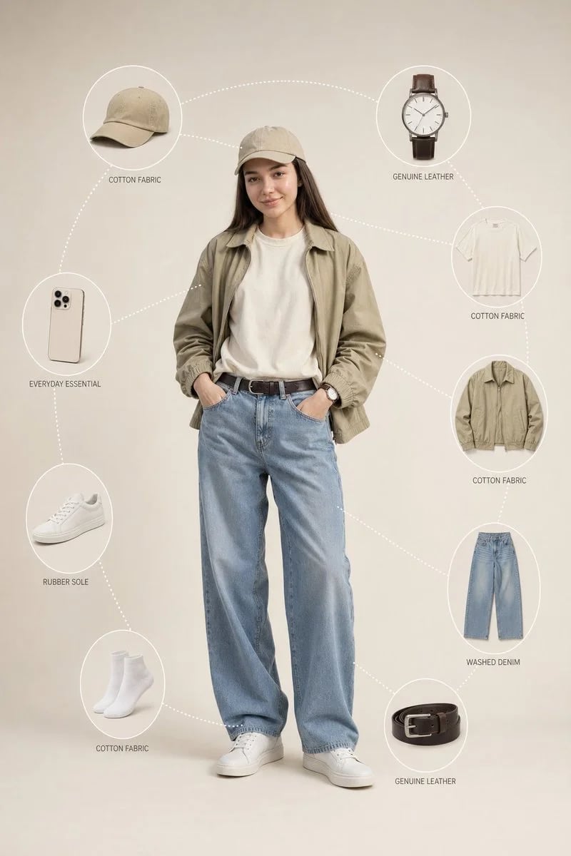 Ultra-realistic men's fashion infographic with exploded outfit elements