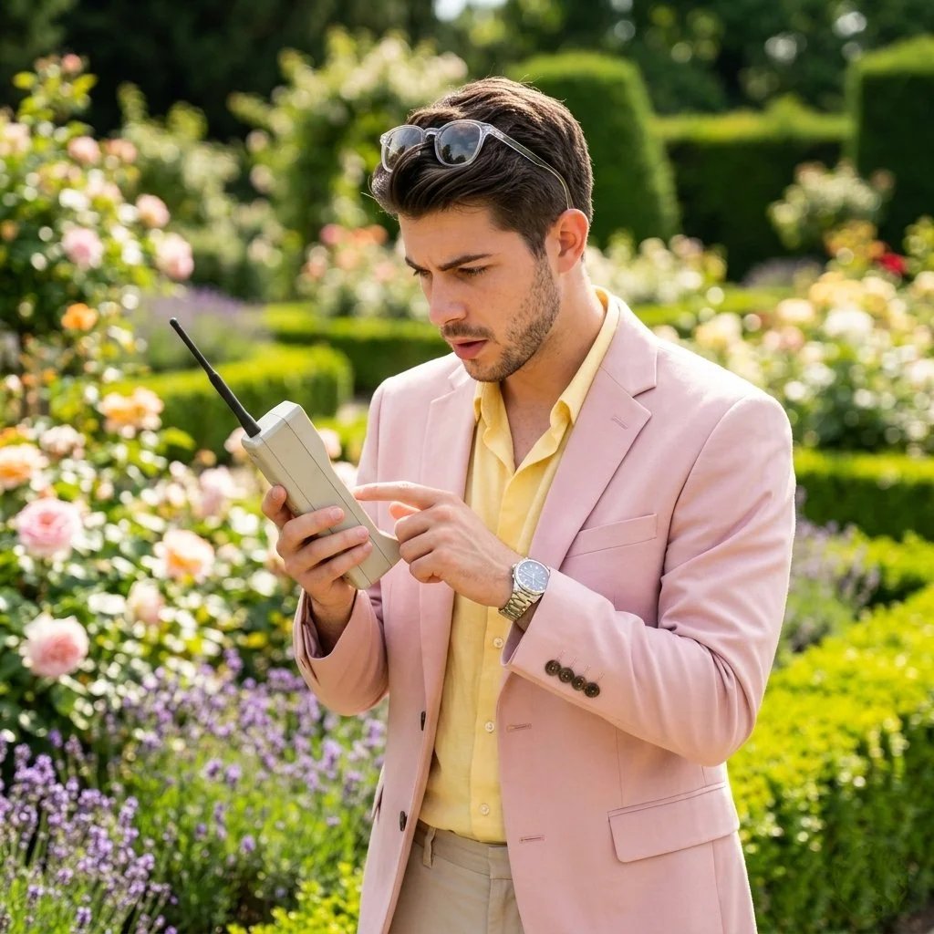 Stylish man using a retro handheld device in a garden
