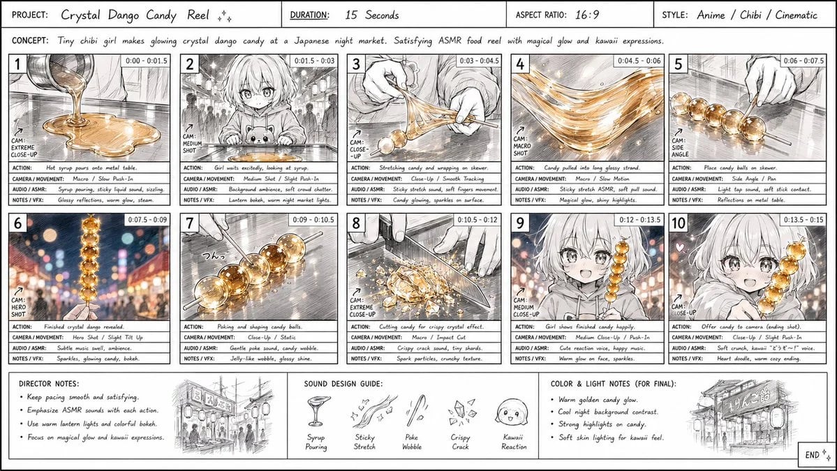 Anime Storyboard Sheet for Glowing Crystal Dango Food Reel