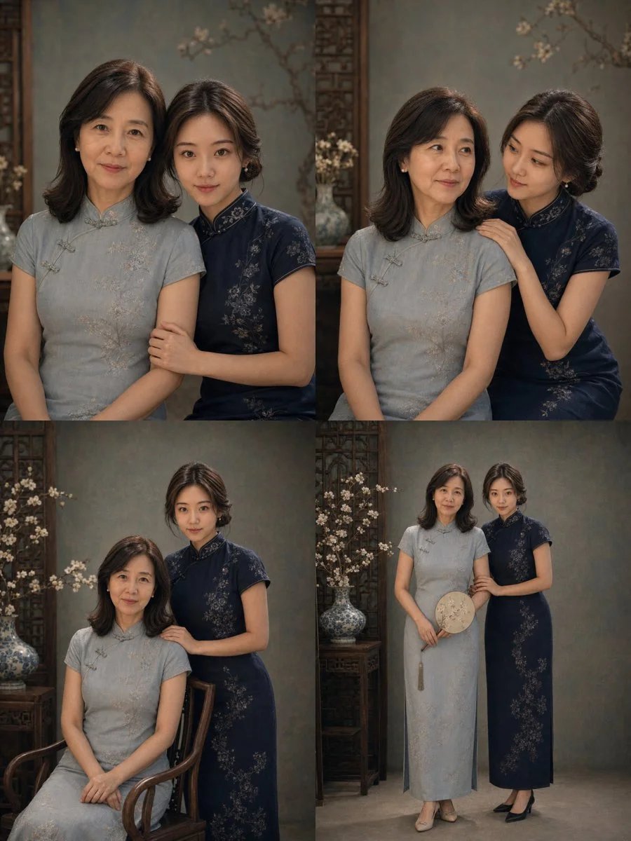 GPT Image 2 旗袍复古风母女写真四宫格提示词
