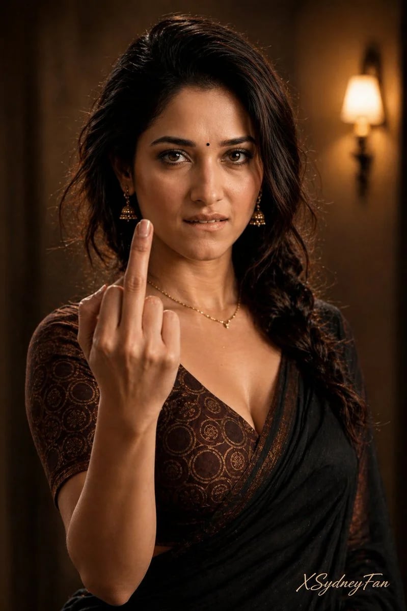 Cinematic portrait of Indian woman showing middle finger