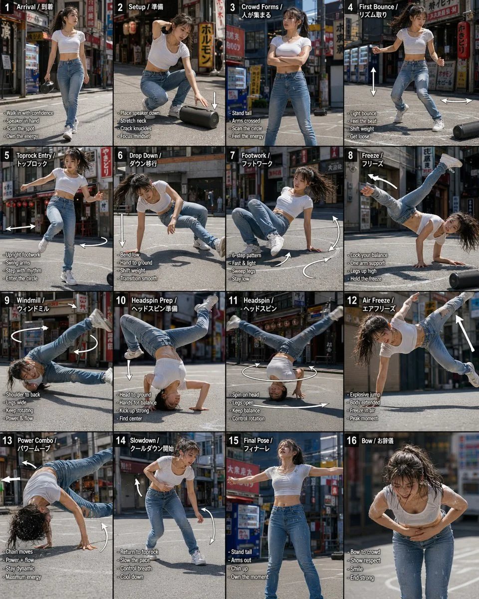 Storyboard-to-video breakdance animation in Japanese street setting