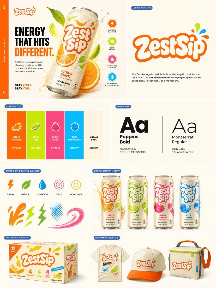 High-end ZestSip energy drink brand identity mockups