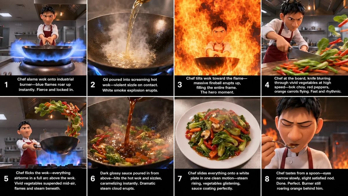 Fiery Pixar-Style Wok Chef Storyboard Animation
