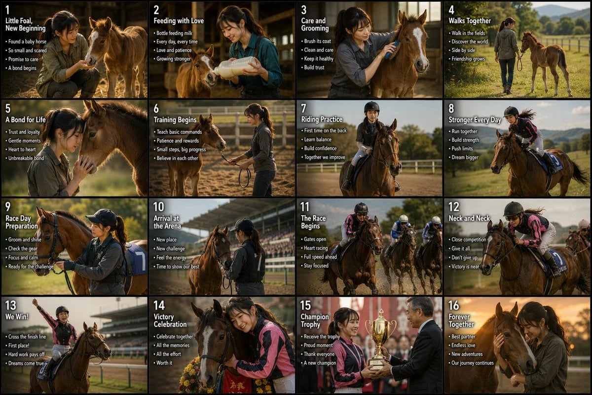 Cinematic 16-Panel Horse Racing Storyboard