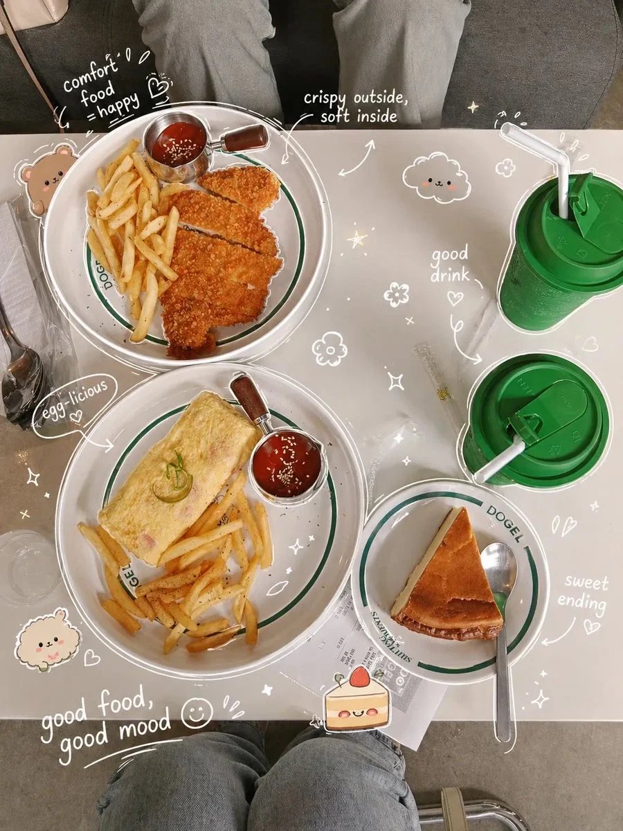 Cozy Top-Down Comfort Food Photography with Kawaii Doodles