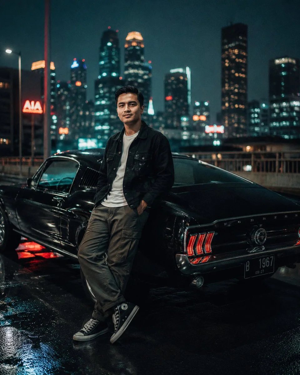 Cinematic Night Portrait with 1960s Ford Mustang