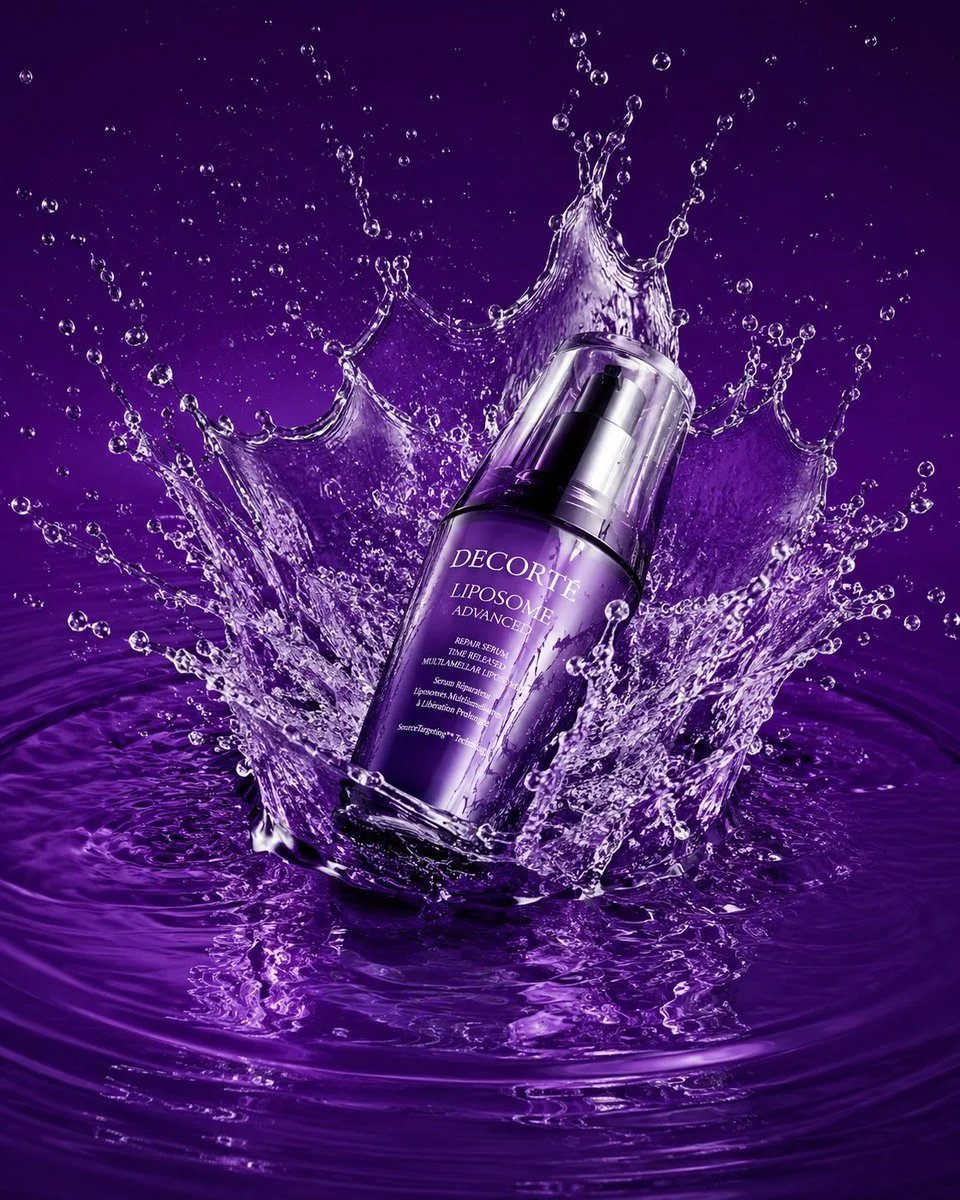 Luxury skincare product ad with dramatic purple water splash