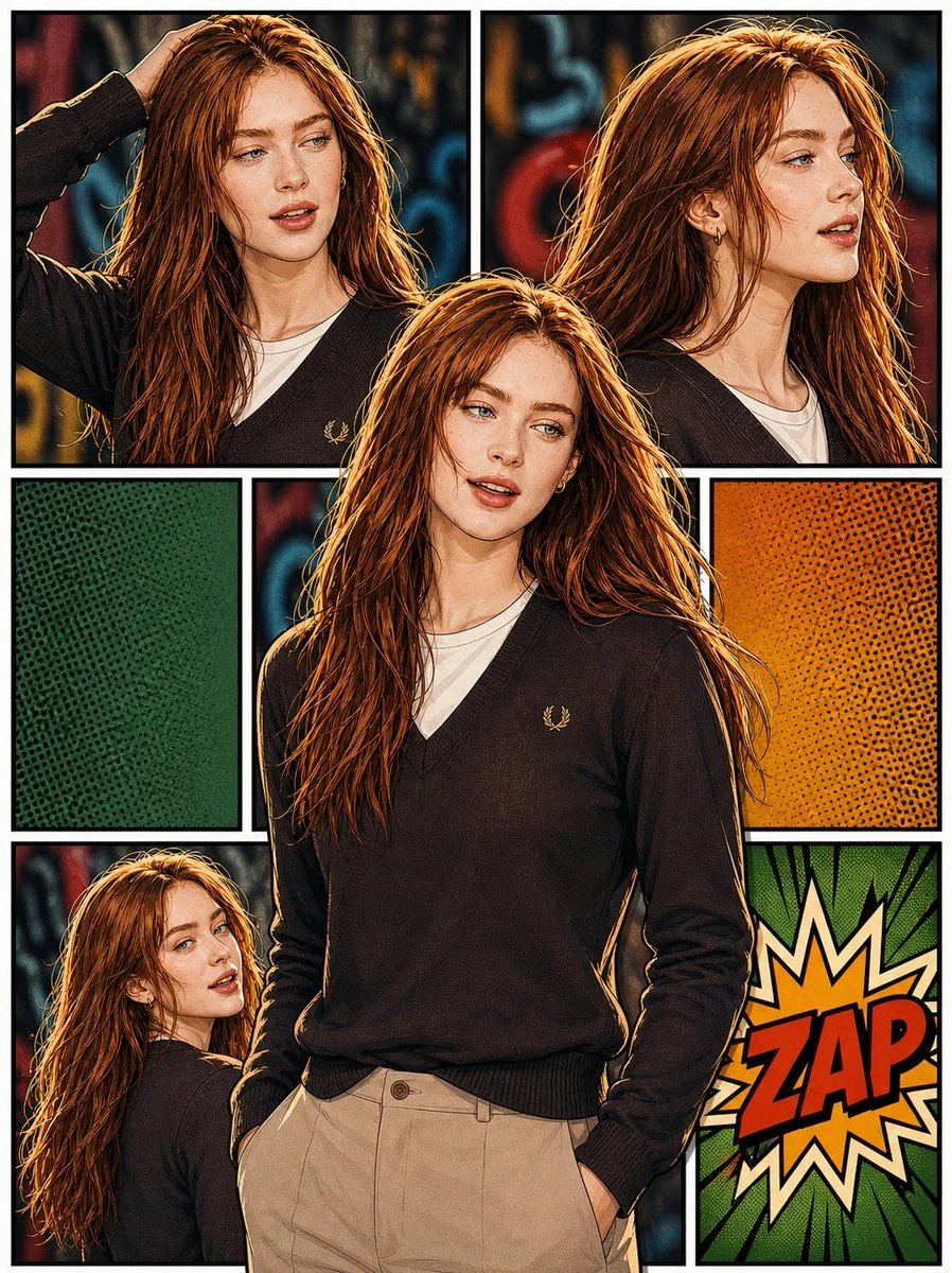 Semi-realistic 3D pop-art comic portrait with six-panel layout