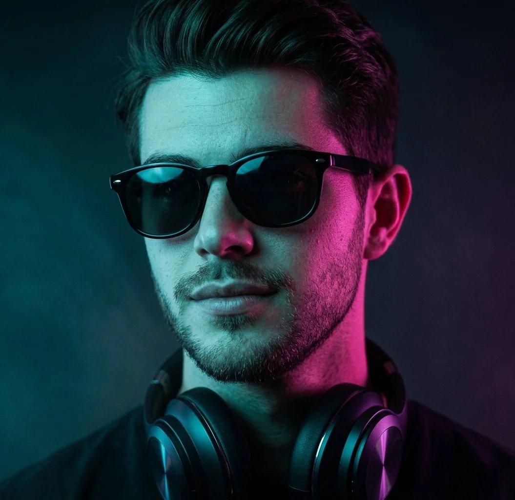 Moody Cyberpunk Portrait with Sunglasses and Headphones