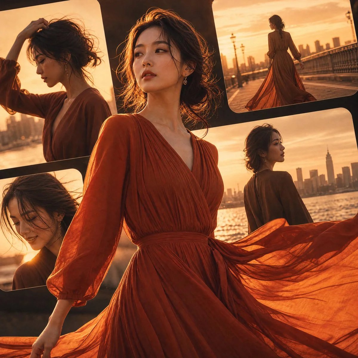 Cinematic Japanese Fashion Editorial Collage at Golden Sunset