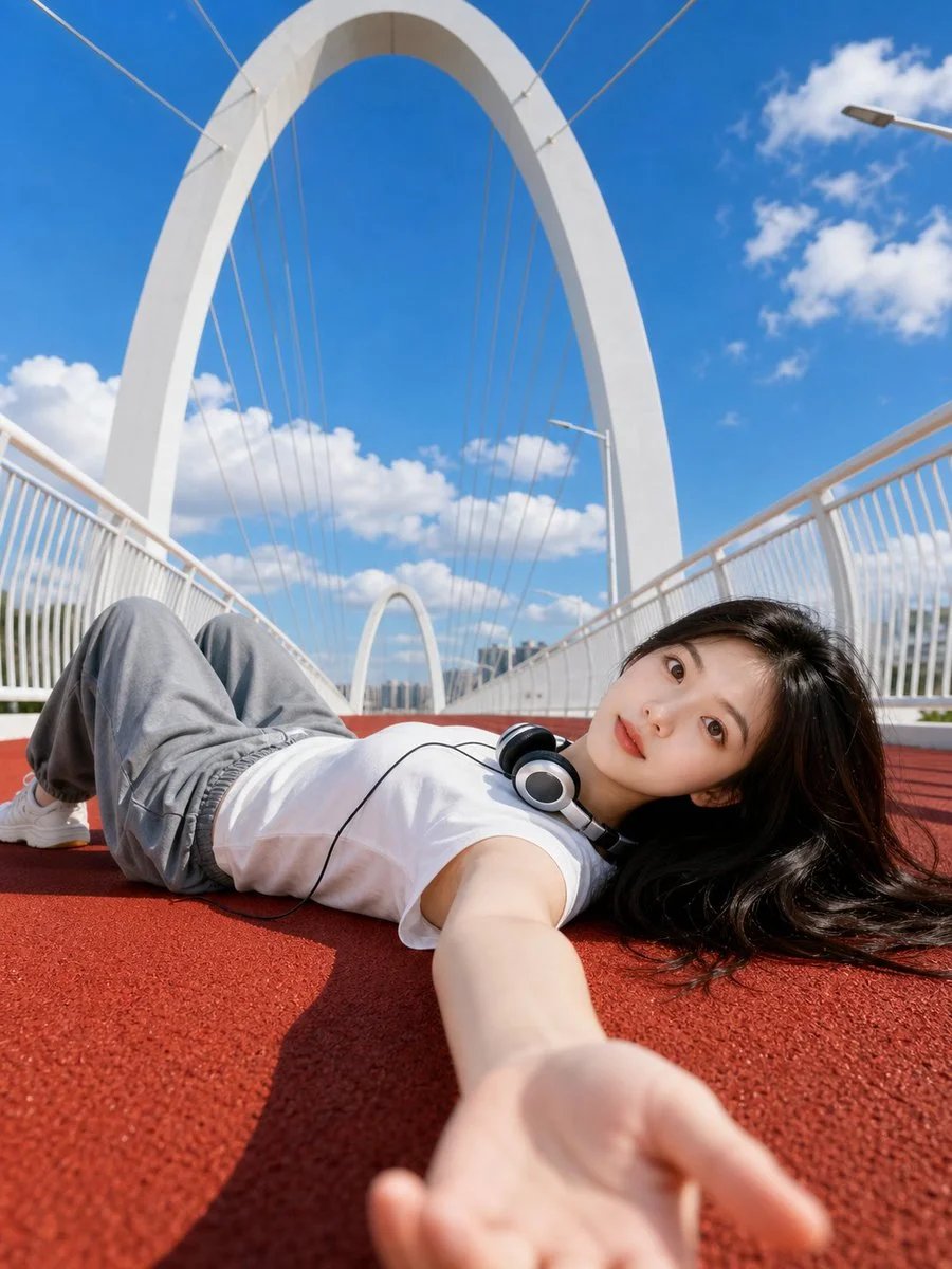 Bright Low-Angle Portrait on a Red Track Beneath a White Bridge