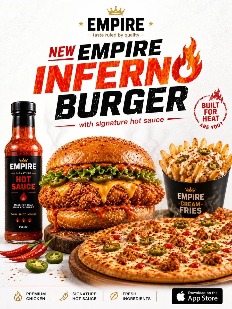 GPT Image 2 fast food poster prompt for EMPIRE Inferno Burger