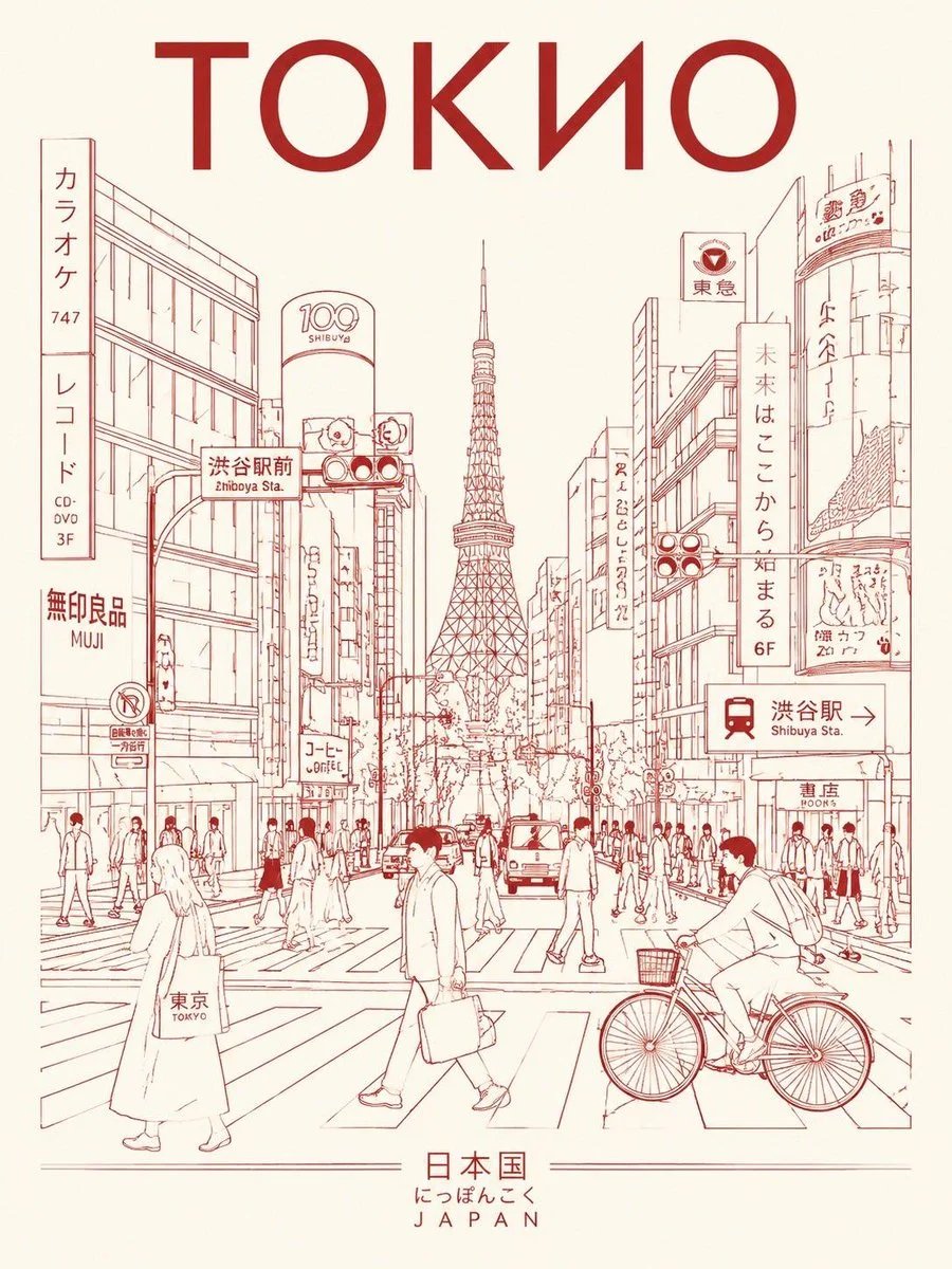 Minimalist Tokyo Travel Poster in Monochrome Line Art