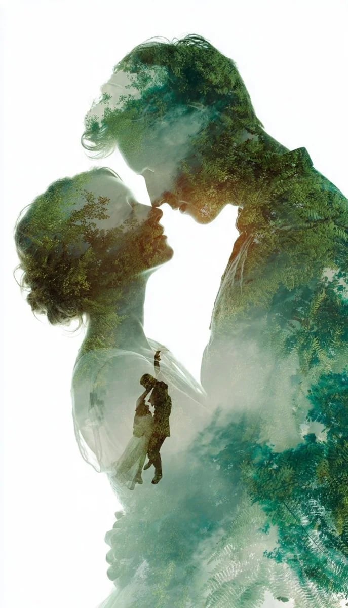 Double Exposure Couple Embrace with Forest Canopy