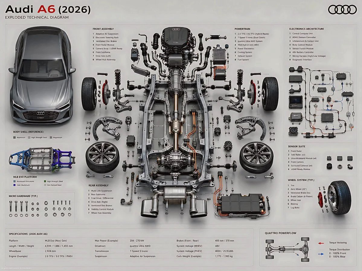 Ultra-High Fidelity Exploded Technical Diagram of a 2026 Audi A6