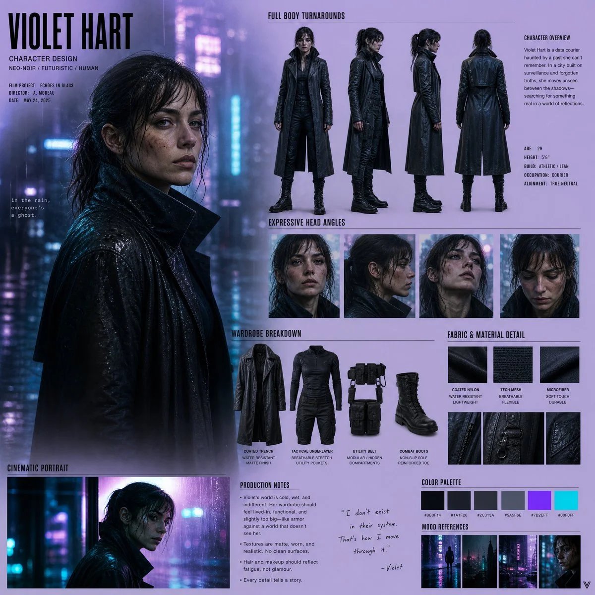 Cinematic Neo-Noir Character Design Board