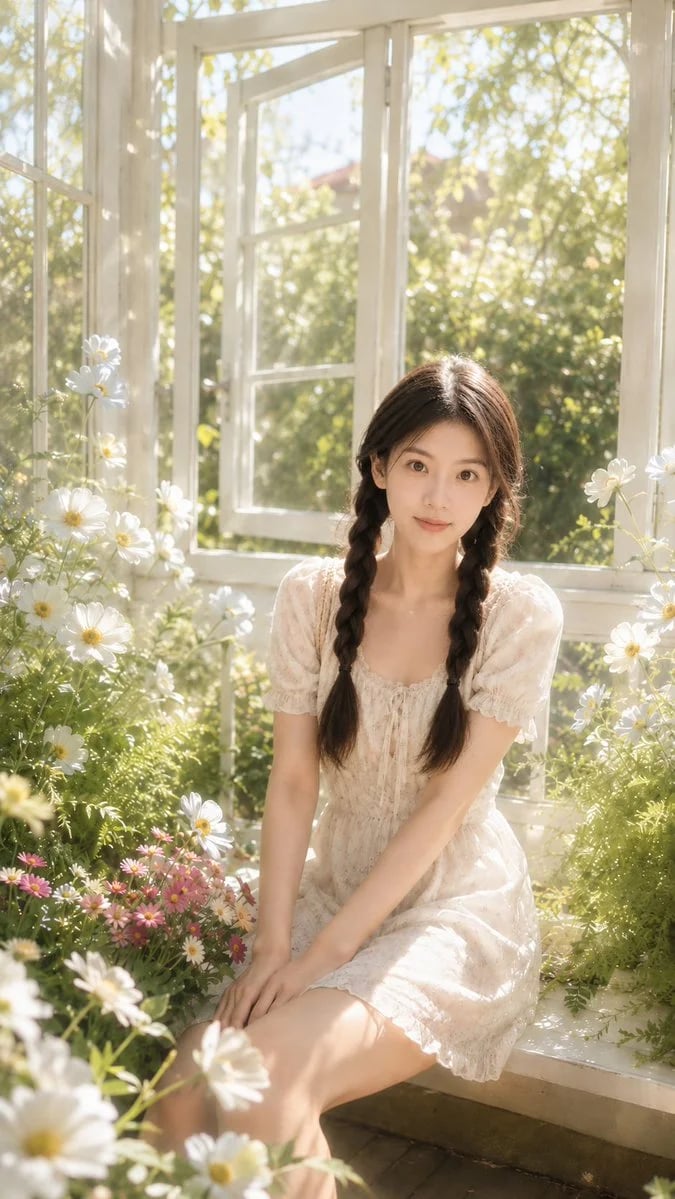 Sunlit Greenhouse Portrait with Soft Floral Summer Light