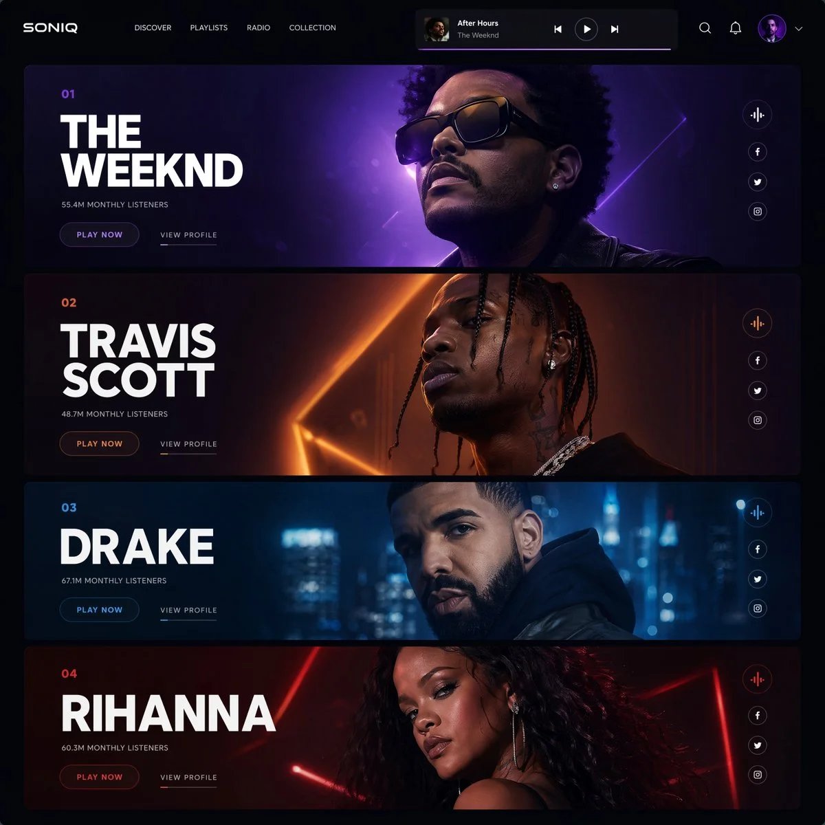 Futuristic Music Streaming Website UI with Stacked Artist Hero Banners