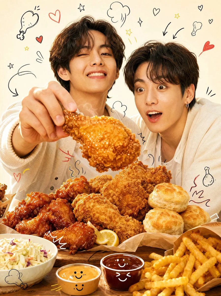 Playful glossy food ad with Taehyung and Jungkook sharing crispy chicken