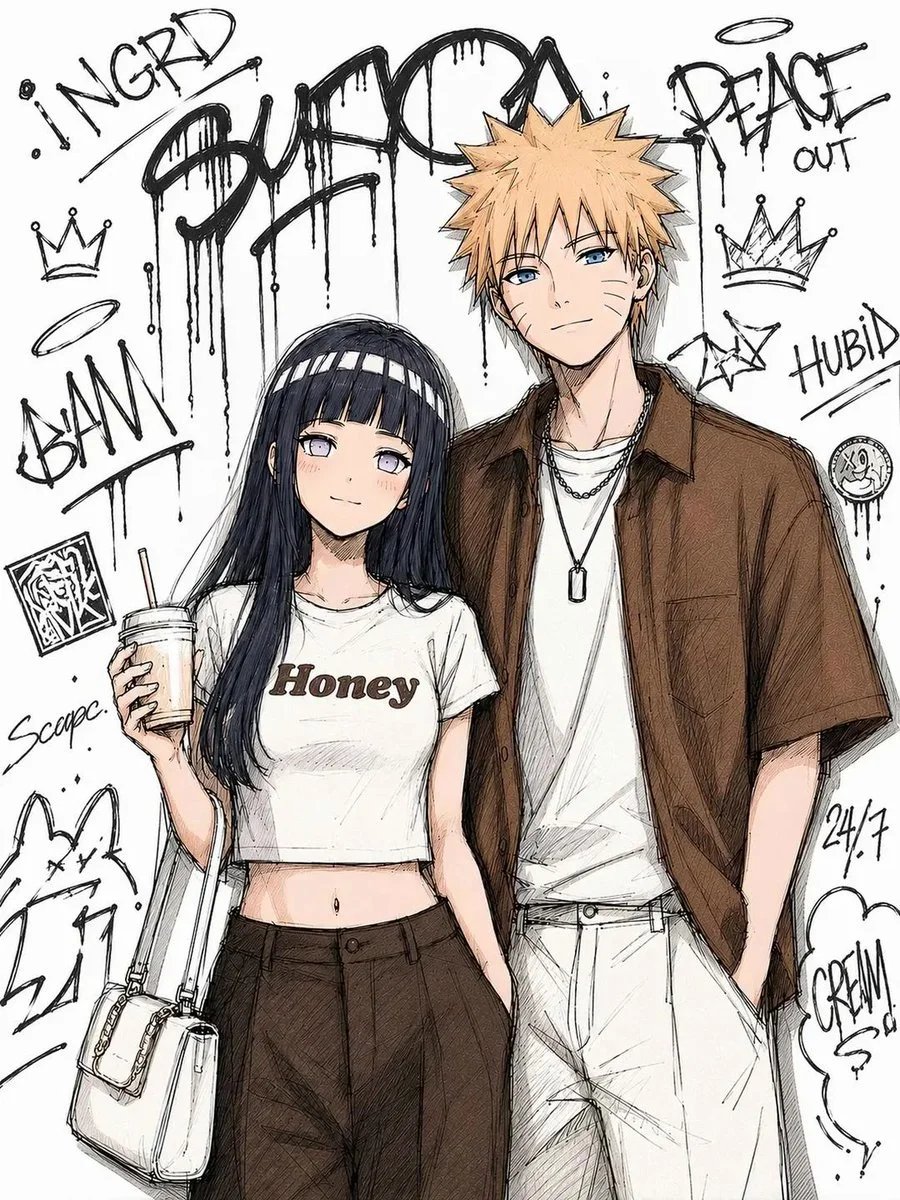 Anime Street Fashion Couple in Front of Graffiti Wall