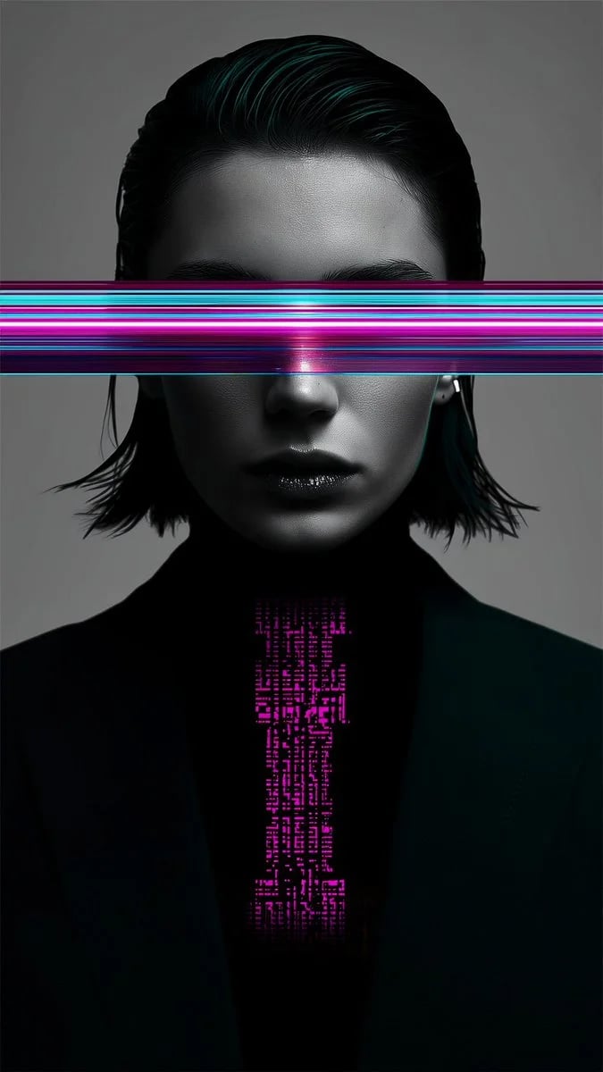 Cyberpunk Glitch High-Fashion Editorial Portrait