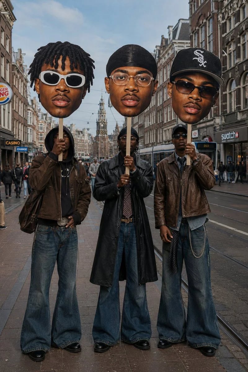 Surreal Street-Style Fashion Scene with Oversized Head Cutouts